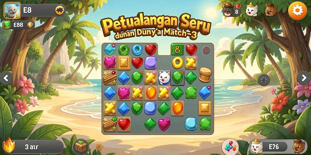 Screenshot gameplay E88 menampilkan tantangan seru Match-3.