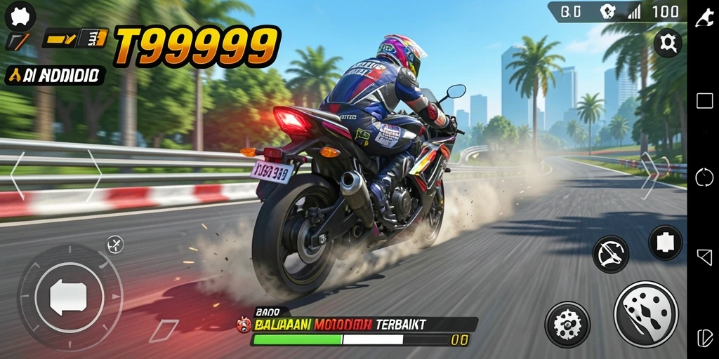 Gameplay seru T9999 dalam balapan motor yang mendebarkan.